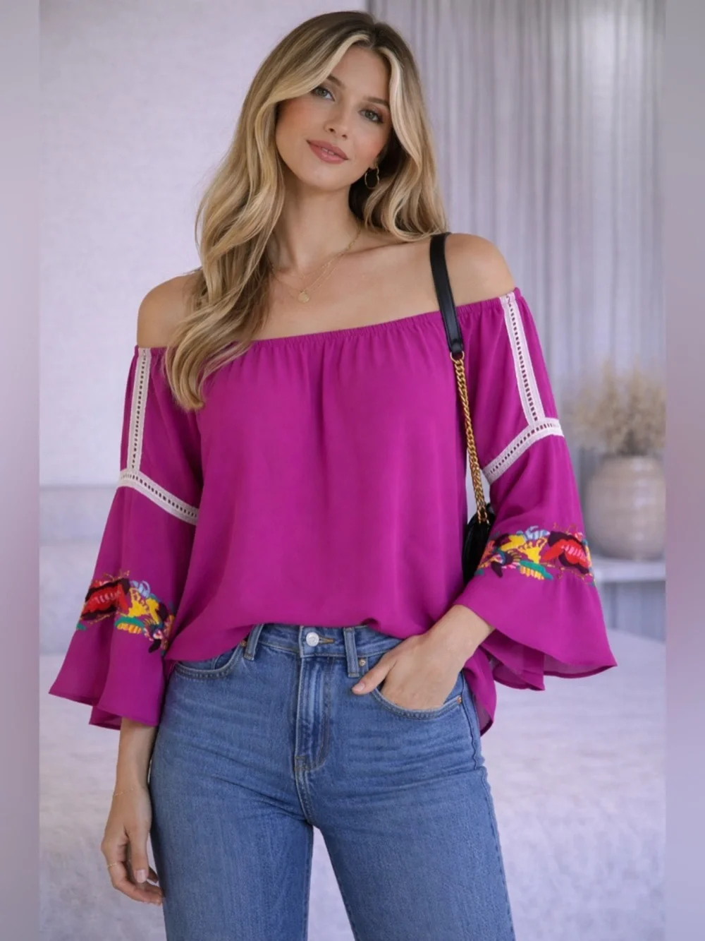 Vava by Joy Han Embroidered Off Shoulder Blouse Pink Boho Peasant Top | Size XS - Picture 1 of 10